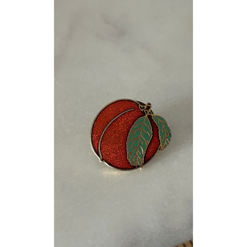 Vintage Orange Peach Enamel Pin Gold Tone Fruit Lapel Pin Green Leaves 0.75 Inch